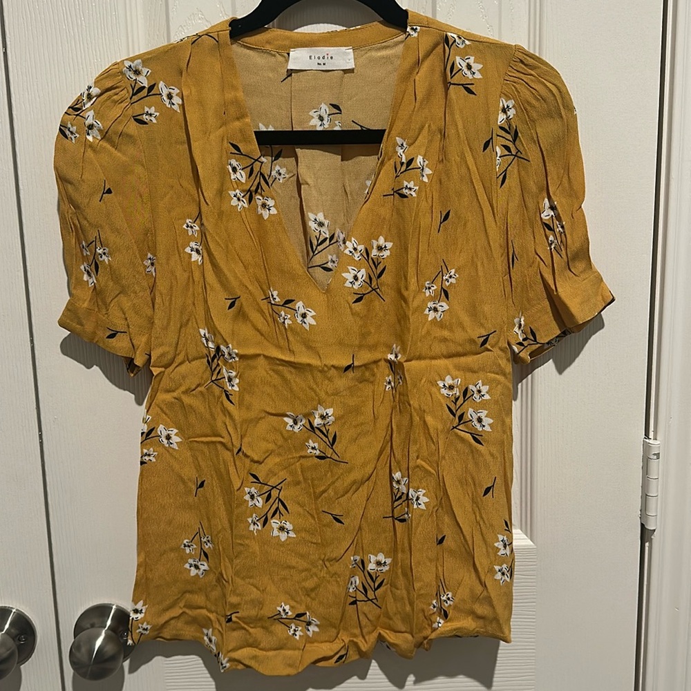 Yellow/Black Flower Short Sleeve V neck Blouse